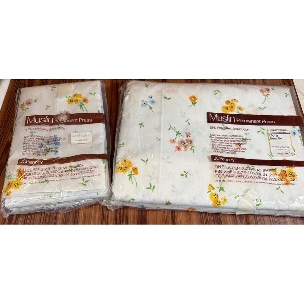 VTG JC Penney Cora Queen Flat Sheet 2 Pillowcases Floral USA NOS Cottagecore